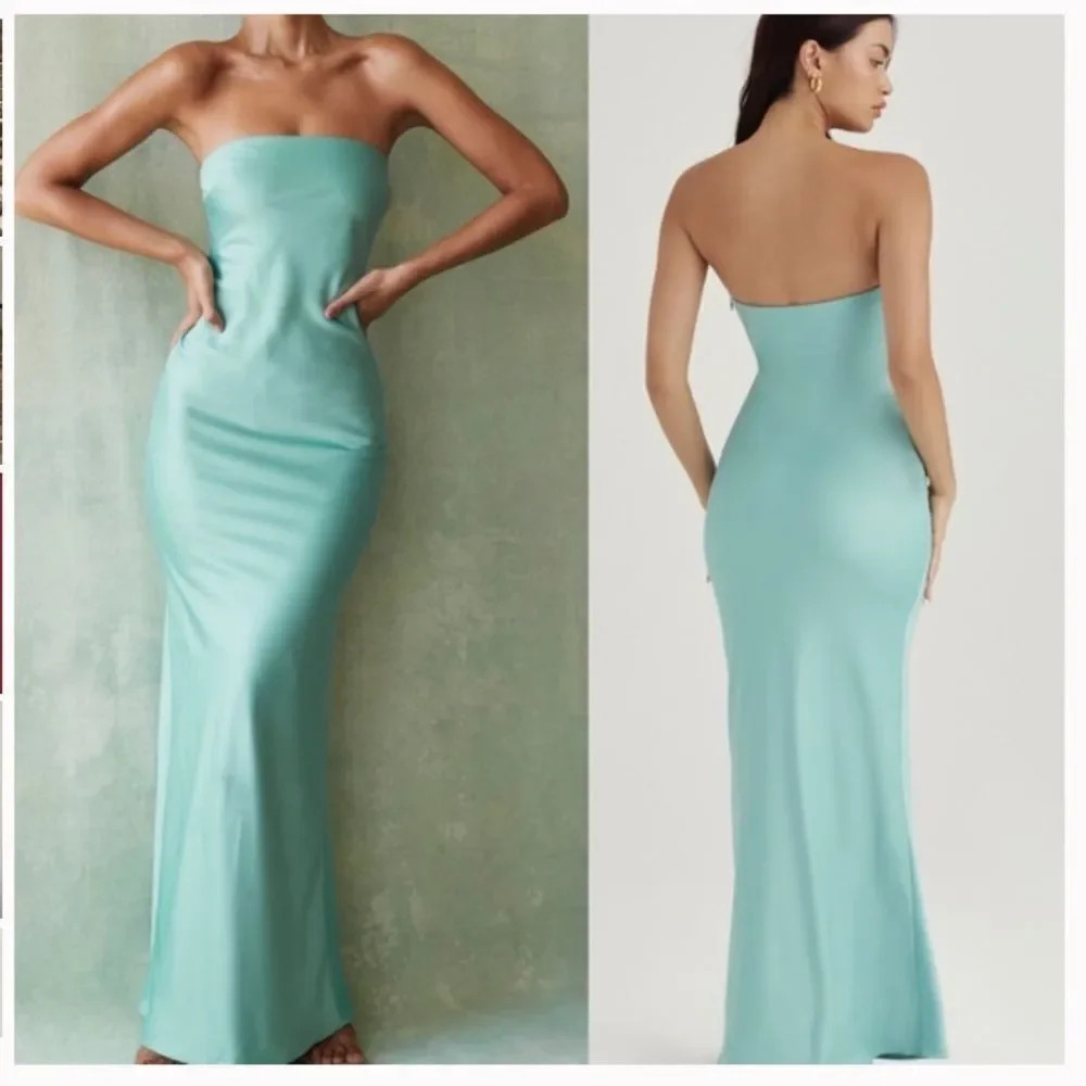 HOUSE OF CB 'Alette' Jade Satin Teal Strapless Maxi Dress NWOT size L - Picture 9 of 14